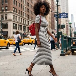 VINTAGE GRAY & BLACK STRIPED SLINKY MAXI DRESS